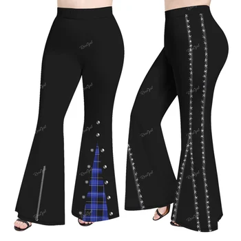 XS-6X Новые повседневные брюки для женщин Плюс размер Графические брюки-клеш 3D Пентаграмма、Клетчатая пуговица、Джинсовые брюки с заклепками Mujer