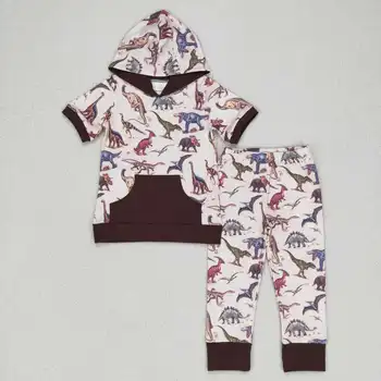 Детская одежда оптом Коричневый брючный костюм с капюшоном и короткими рукавами для мальчиков одежда западный бутик пижамы