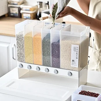  Дозатор риса 6 решеток Хранение Диспенсер для сухих продуктов Органайзер для зерна Коробка Пластиковое ведро для хлопьев Настенные кухонные контейнеры