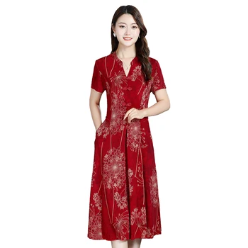 Ретро Китайское улучшенное женское платье Cheongsam Элегантное платье с V-образным вырезом V-образным вырезом и цветком с коротким рукавом Платье миди для женщин
